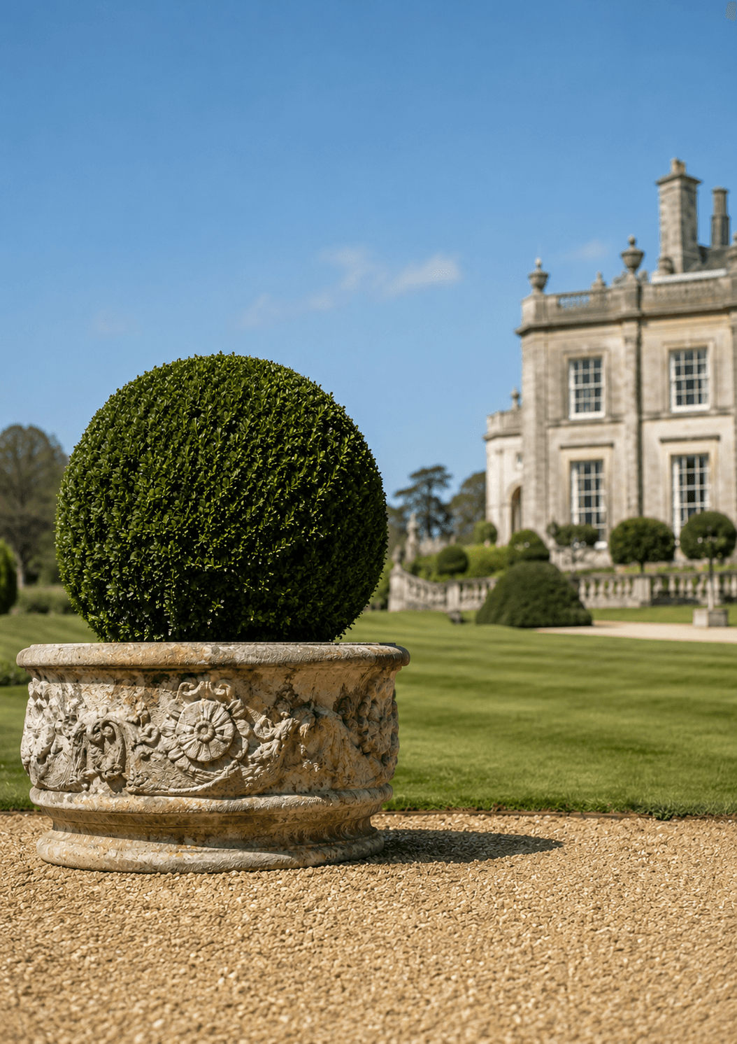 Round box topiary in an ornate stone planter in a formal British garden