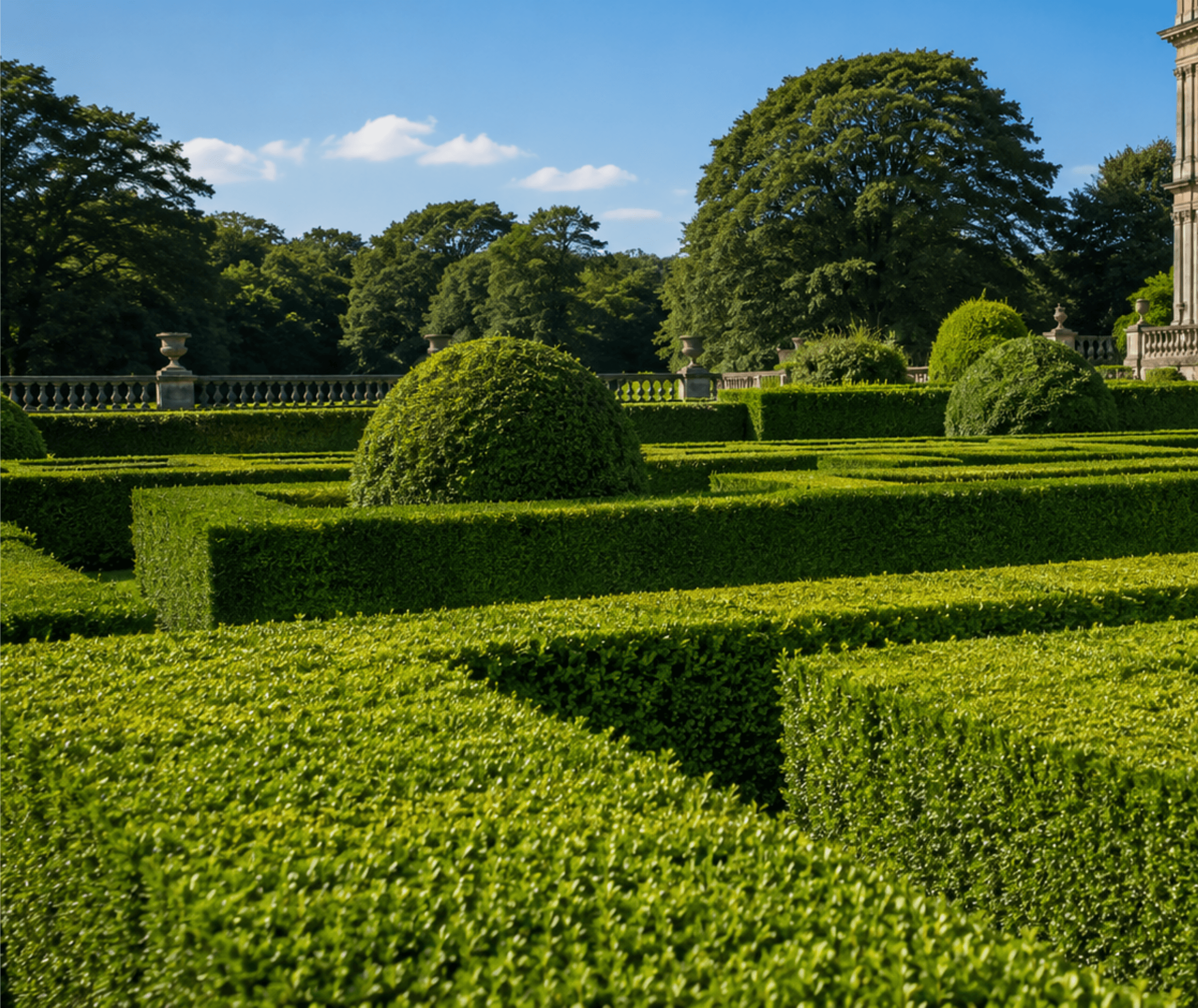 Formal box garden with clipped hedges and topiary in a country estate
