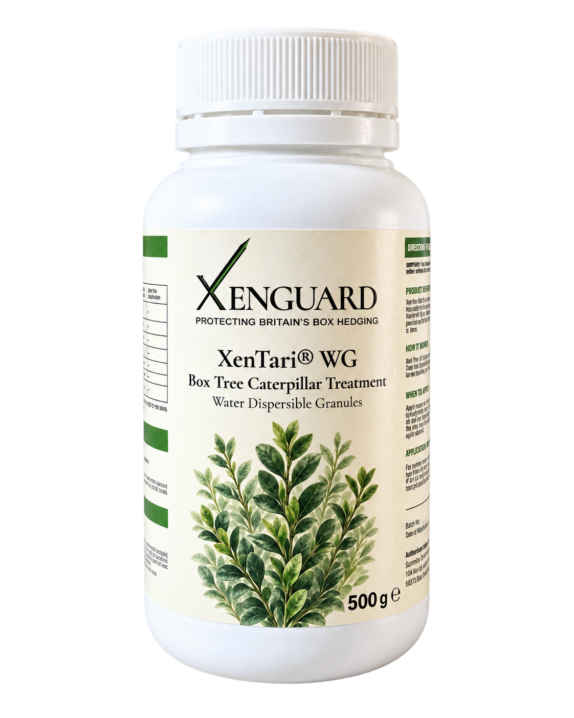 Front label of the 500g XenGuard Box Tree Caterpillar Treatment bottle